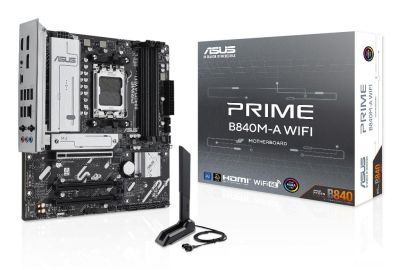 ASUS PRIME B840M-A WIFI AMD B840 mATX Motherboard, DDR5, PCIe 4.0 Ready, three M.2 slots, Wi-Fi 6E, Realtek 2.5Gb Ethernet, DisplayPort, HDMI, rear and front USB 5Gbps Type-C support, BIOS FlashBack