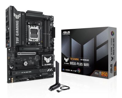 ASUS TUF GAMING B850-PLUS WIFI AMD ATX motherboard, 14+2+1 80A DrMOS power stages, DDR5, PCIe 5.0 Ready, 3xM.2 slots, Wi-Fi 7, Realtek 2.5Gb Ethernet, DisplayPort, HDMI, USB 20Gbps Type-C, Aura Sync, AMD B850, ATX, PCIe 5.0, WiFi 7, 2X M.2, Aura Sync