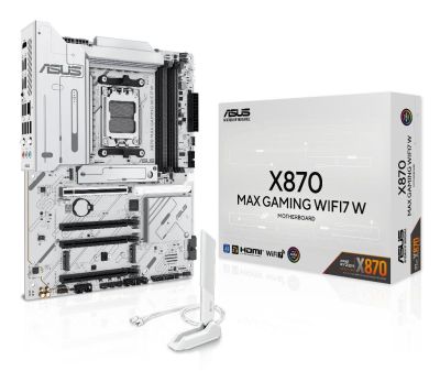 ASUS X870 MAX Gaming WIFI7W Motherboard Socket AMD AM5, Ryzen 9000, ATX, DDR5 Memory, PCIe 5.0, WiFi 7, Aura Sync, PCIe Slot Q-Release, CEC Tier II, White