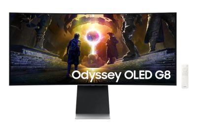 Samsung 34" Odyssey OLED G8 G85SD Curved Gaming Monitor, Ultra WQHD 3440 x 1440 QD-OLED, 175Hz, 0.03ms, HDR10+, FreeSync Premium Pro, G-SYNC Compatible, HDMI 2.1, USB Hub, Silver